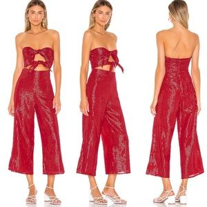 Majorelle Revolve Tessa Red Strapless Wide Leg Jumpsuit Stripe Metallic Small